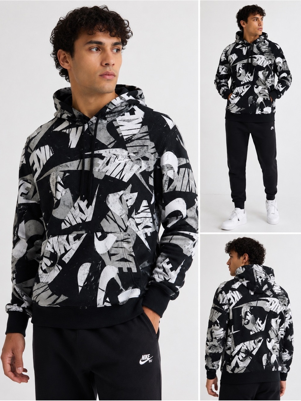 Nike Men’s Black & White All Over Logo Pullover Crewneck Hoodie Size Small